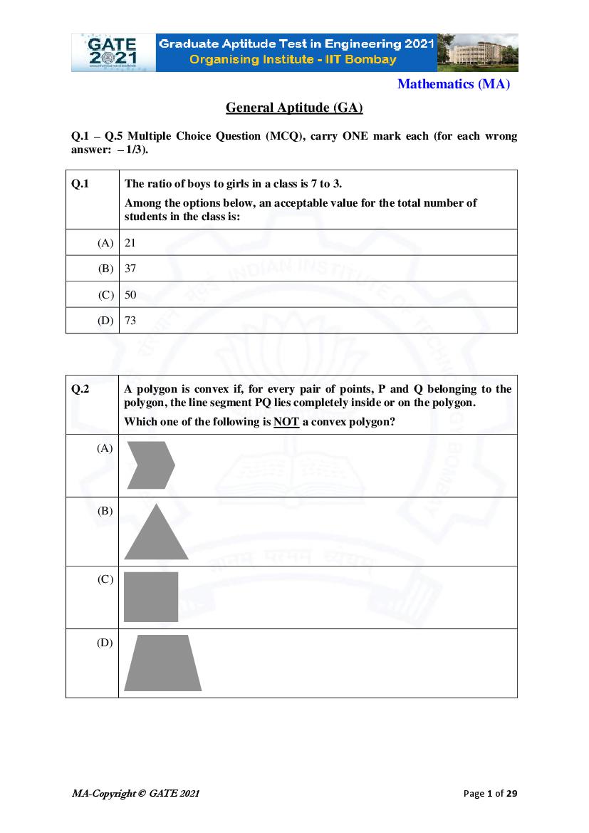 GATE 2021 Question Paper MA Mathematics - Page 1