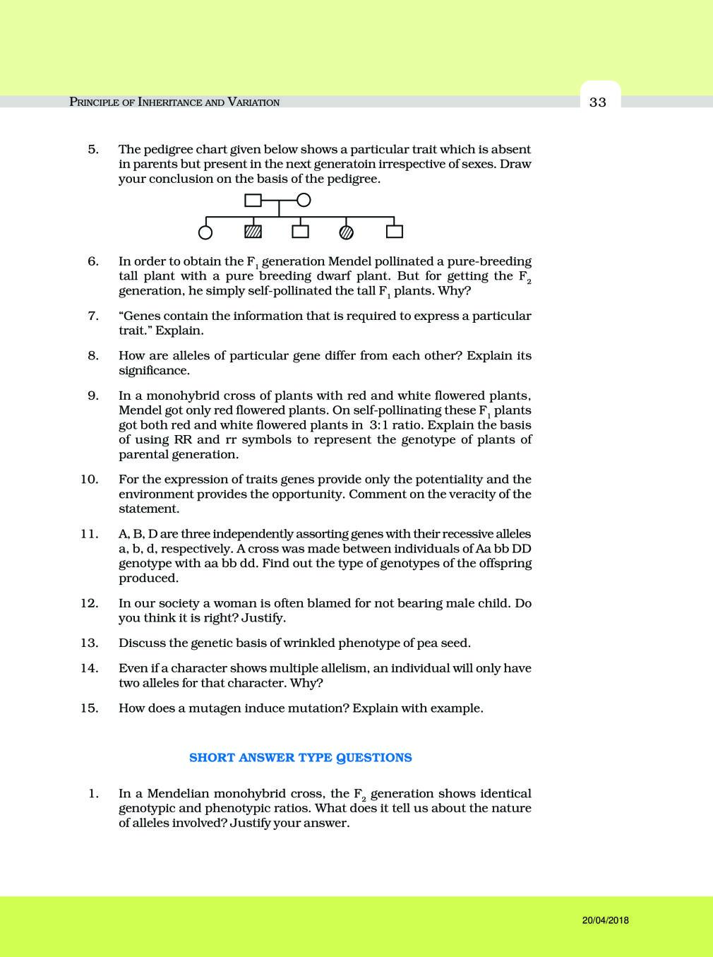 NCERT Exemplar Class 12 Biology Chapter 5 Principle of Inheritance and Variation