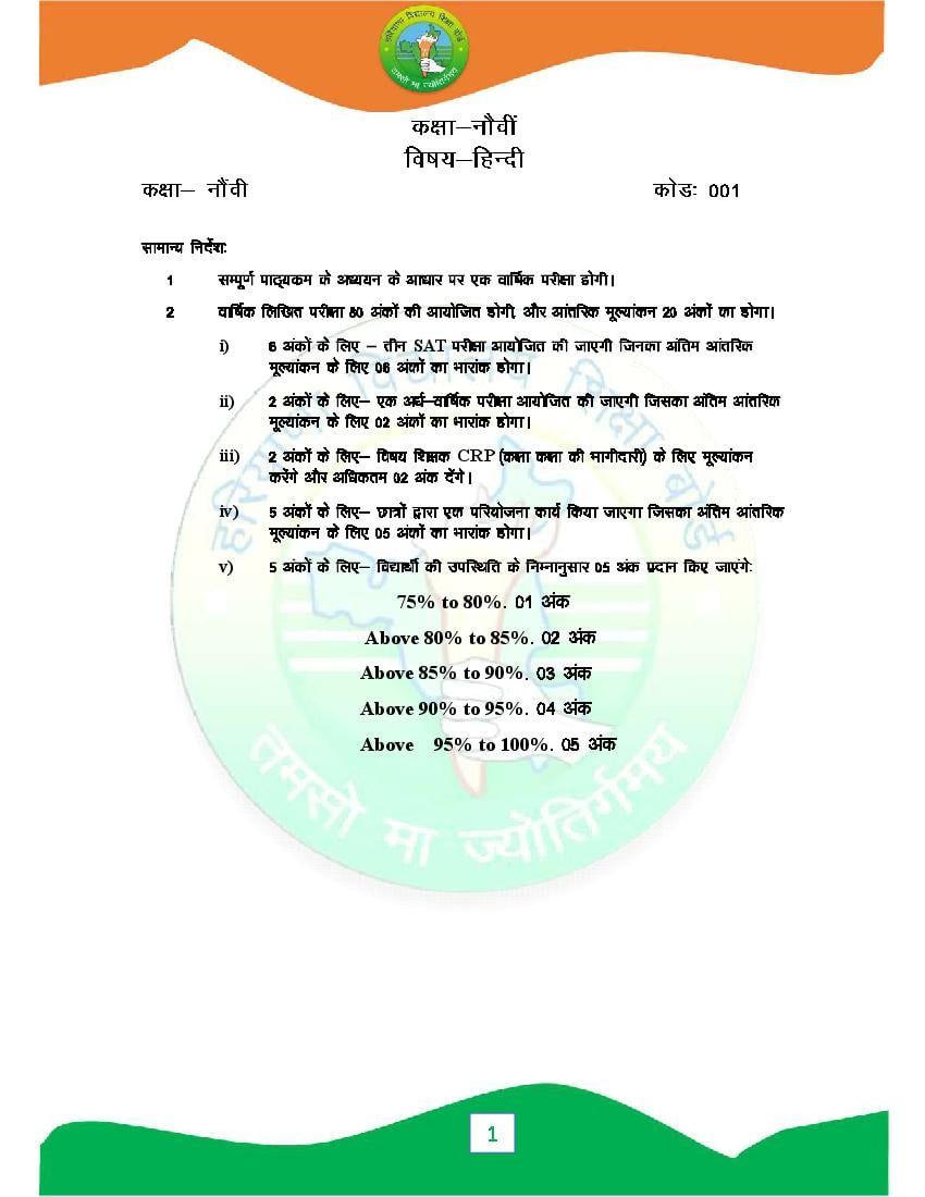 HBSE Class 9 Syllabus 2024 Hindi - Page 1