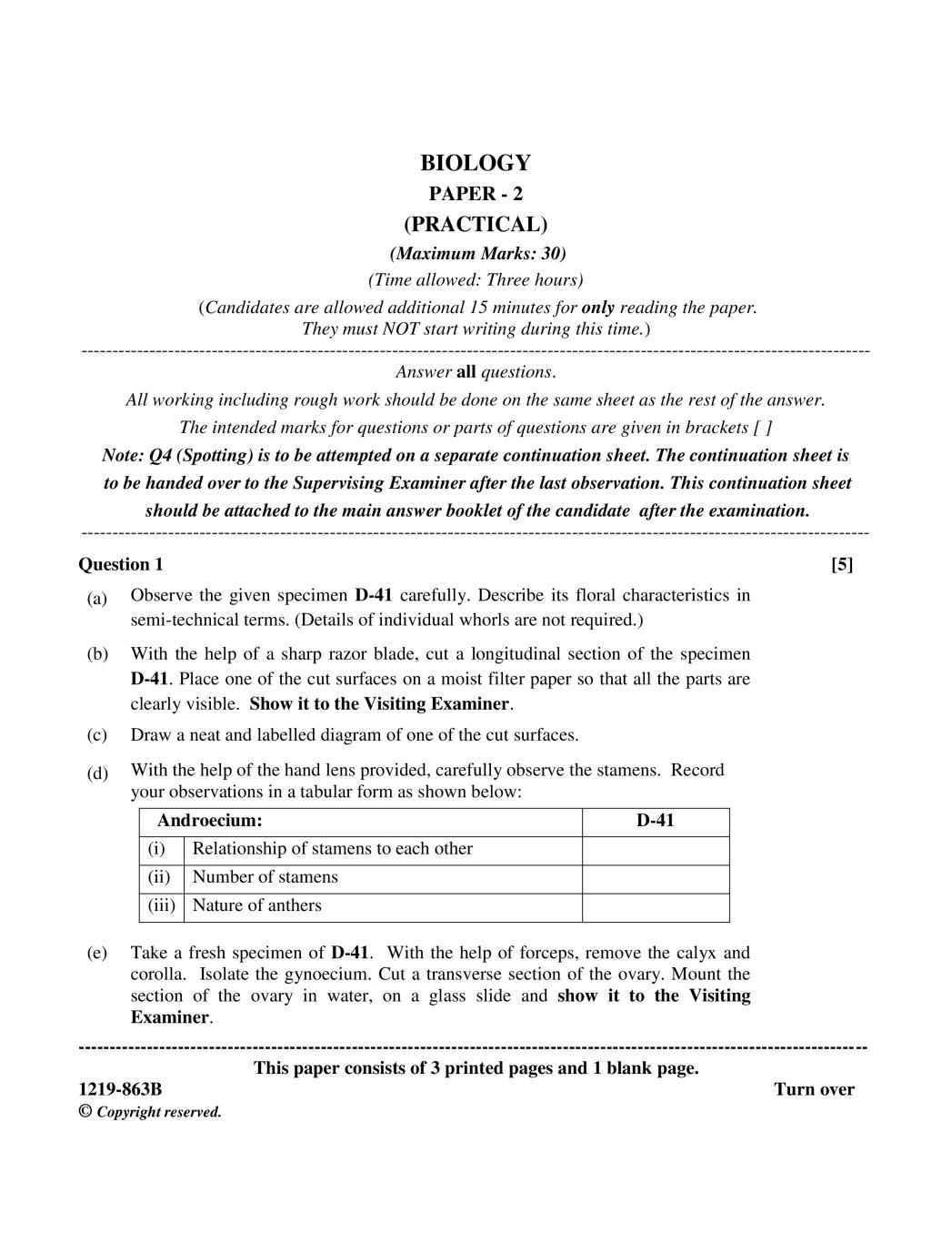 ISC Class 12 Question Paper 2019 for Biology Paper 2 - Page 1