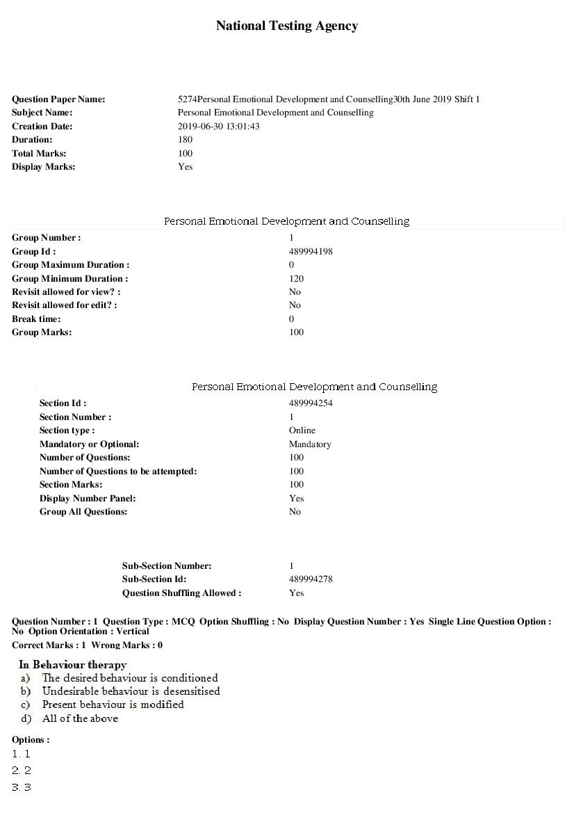 ARPIT 2019 Question Paper for Personal Educational Development and Counselling Shift 1 - Page 1 of 30
