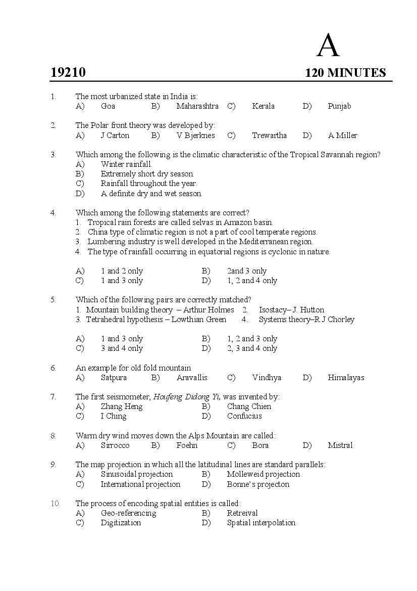 Kerala SET 2019 Feb Question Paper Geography - Page 1 of 12