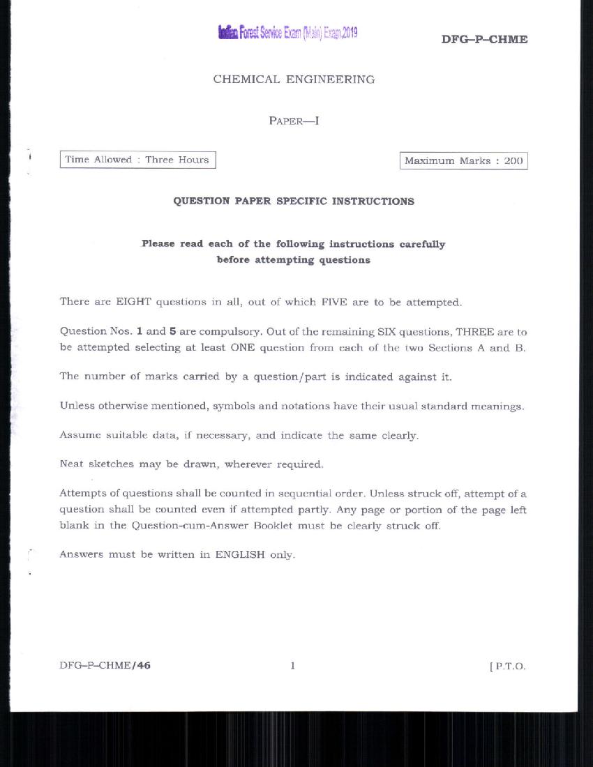 UPSC IFS 2019 Question Paper for Chemical Engineering Paper-I - Page 1