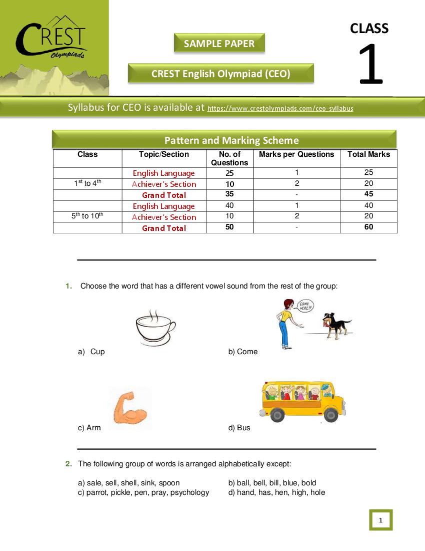 CREST English Olympiad (CEO) Class 1 Sample Paper - Page 1