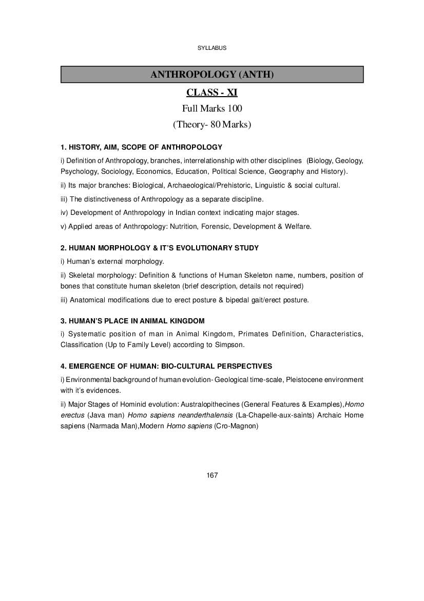 WBCHSE Class 11 Syllabus for Anthropology - Page 1