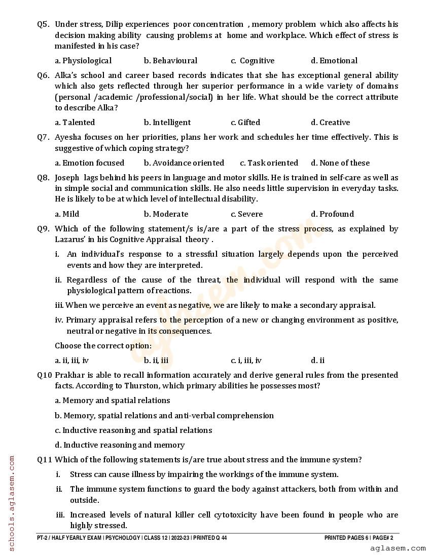 Class 12 Psychology Half Yearly Question Paper 2024 | Download 12th ...