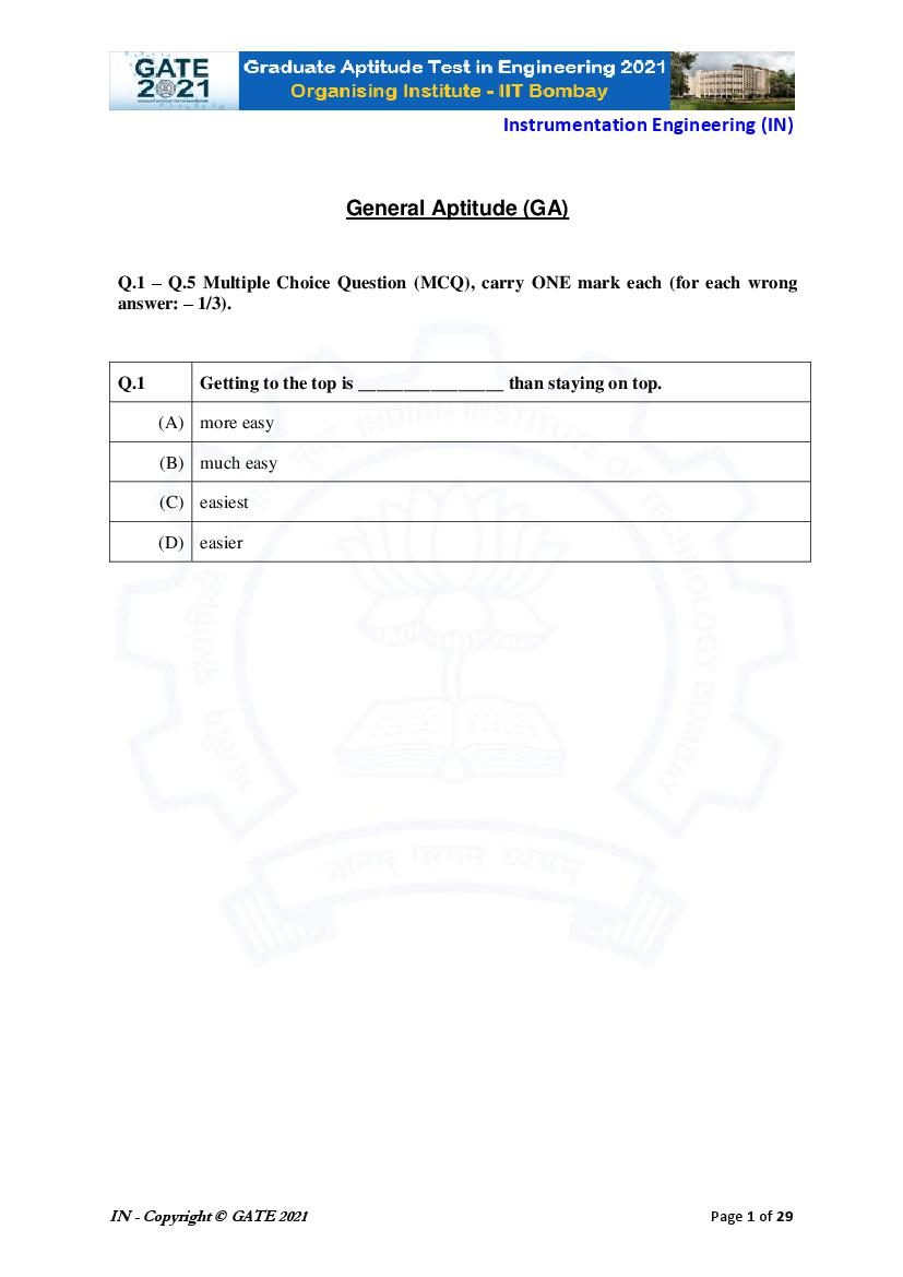 GATE 2021 Question Paper IN Instrumentation Engineering - Page 1