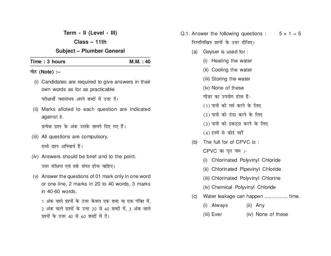 HP Board Class 11 Model Question Paper 2022 Plumber Term 2 - Page 1