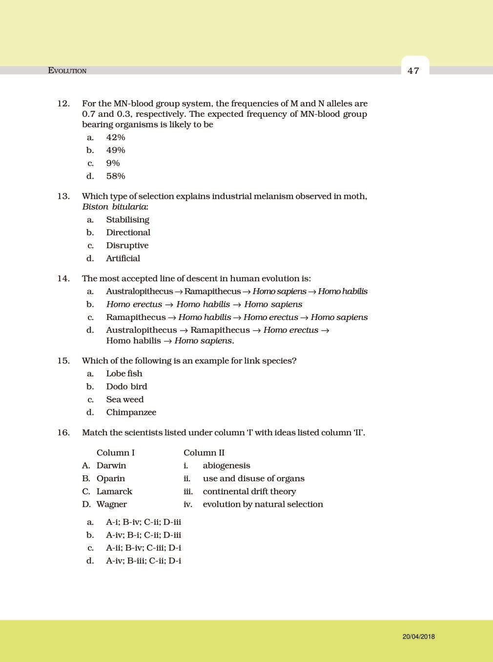 NCERT Exemplar Class 12 Biology Chapter 7 Evolution