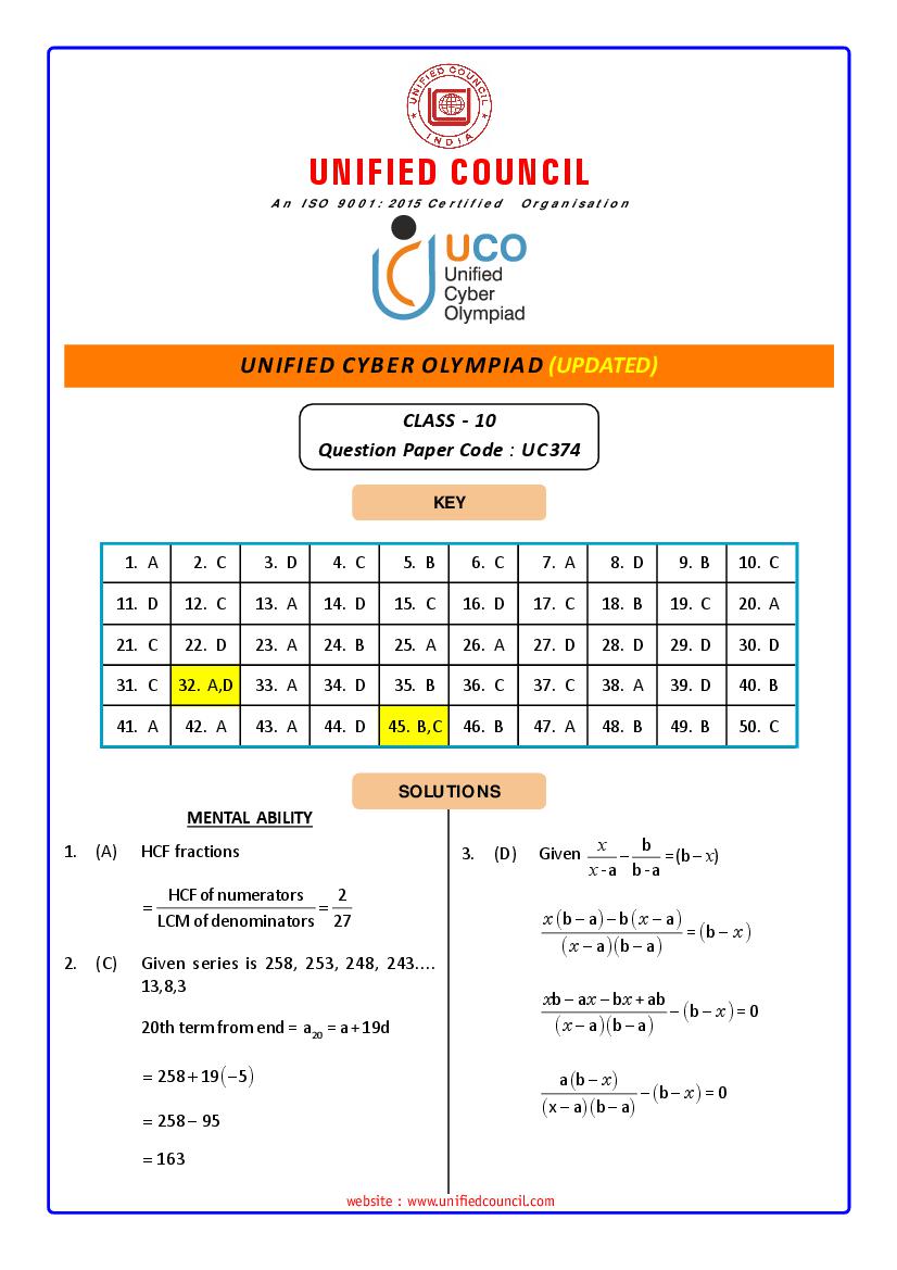 UCO 2021 Class 10 Revised Answer Key Paper Code-UC374 - Page 1