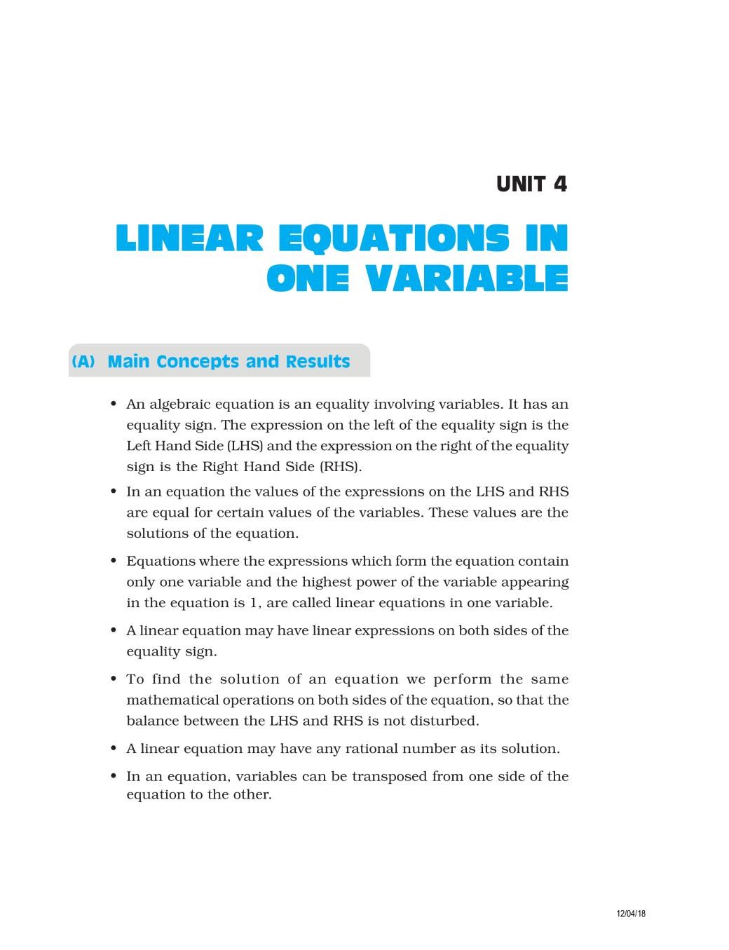 NCERT Exemplar Class 08 Maths Unit 4 Linear Equation In One Variable - Page 1