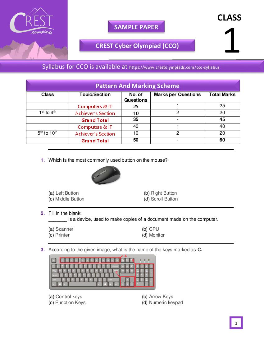 CREST Cyber Olympiad (CCO) Class 1 Sample Paper - Page 1