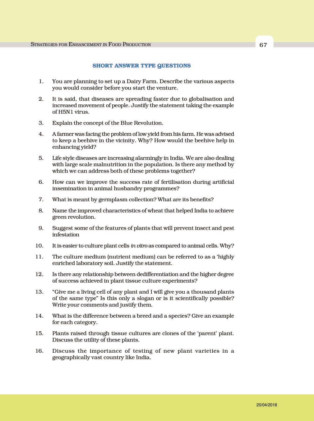 NCERT Exemplar Class 12 Biology Chapter 9 Strategies for Enhancement in Food Production