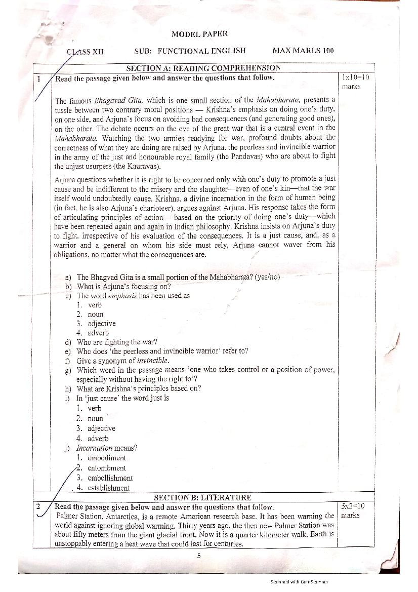 Previous Year Question Paper Class 10 Jkbose English