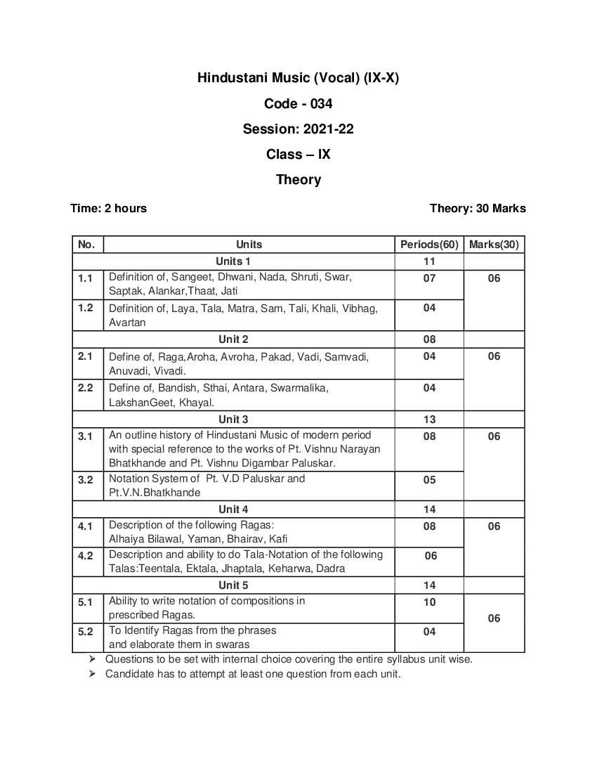 CBSE Class 9 Hindustani Music Vocal Syllabus 2021-22 - Page 1 of 4
