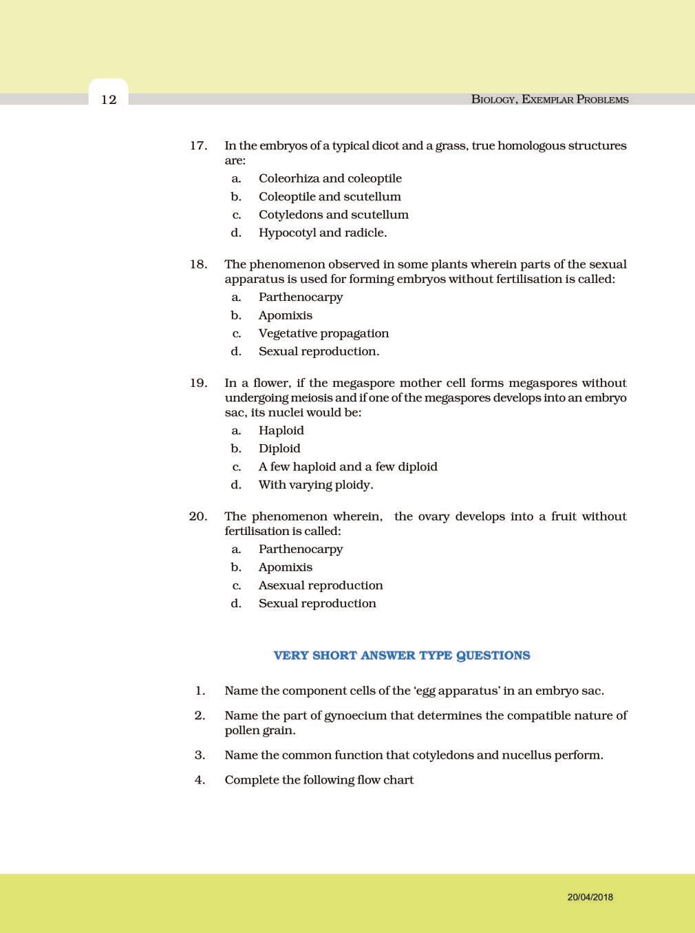 NCERT Exemplar Class 12 Biology Chapter 2 Sexual Reproduction in Flowering Plants