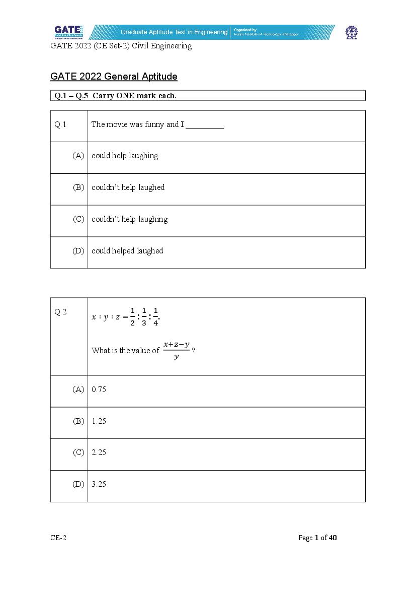 GATE 2022 Question Paper CE Civil Engineering (Afternoon) - Page 1