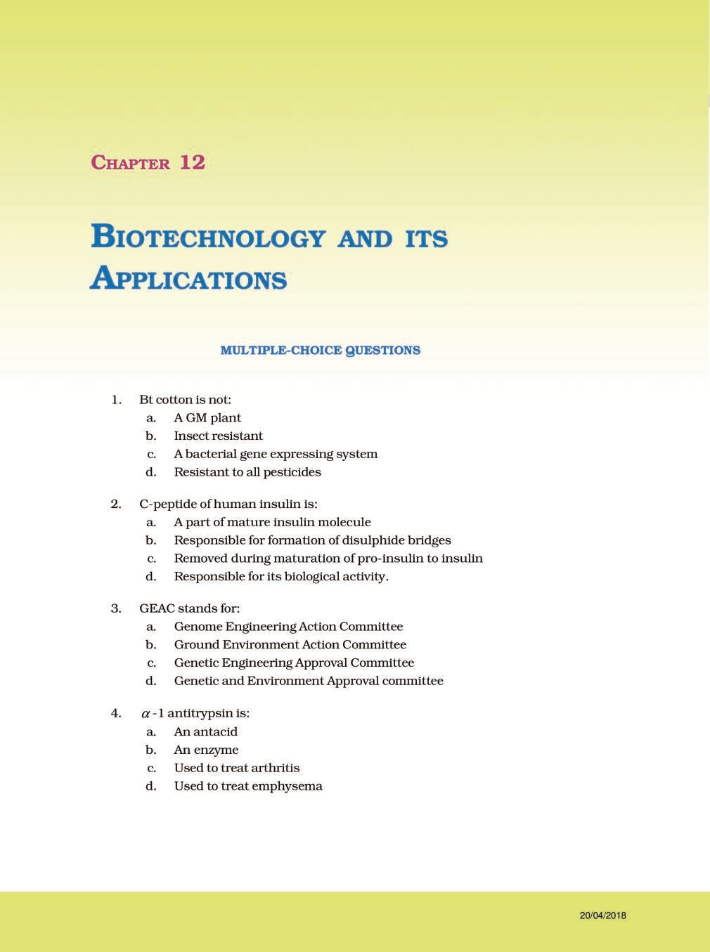 NCERT Exemplar Class 12 Biology Unit 12 Biotechnology and its applications - Page 1
