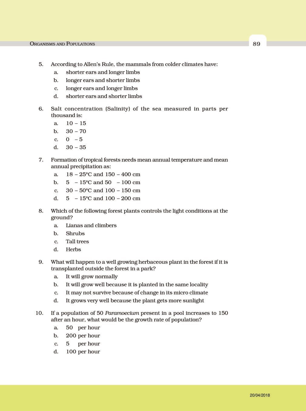 NCERT Exemplar Class 12 Biology Chapter 13 Organisms and Populations