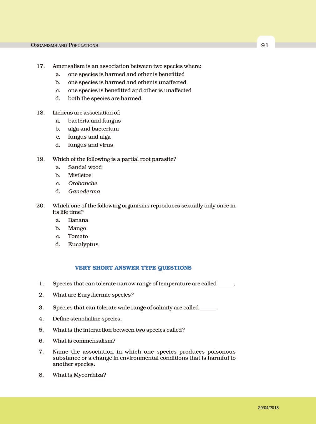NCERT Exemplar Class 12 Biology Chapter 13 Organisms and Populations