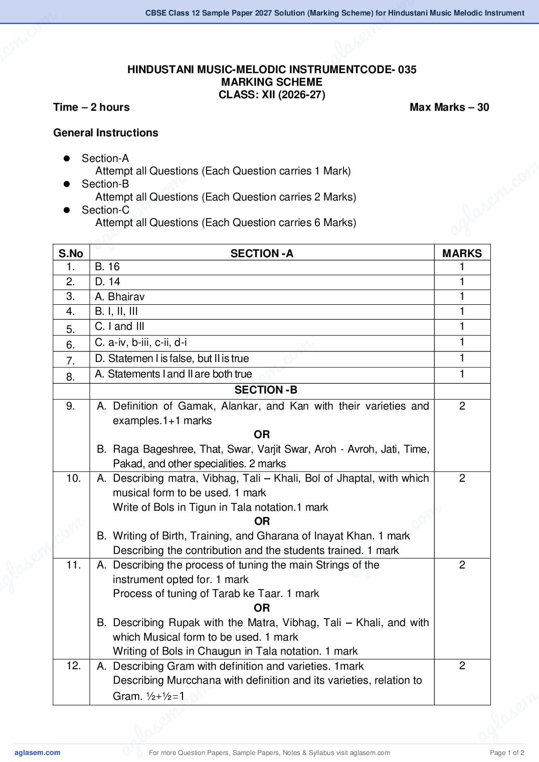 CBSE Class 12 Sample Paper 2027 Solution (Marking Scheme) for Hindustani Music Melodic Instrument - Page 1 of 2