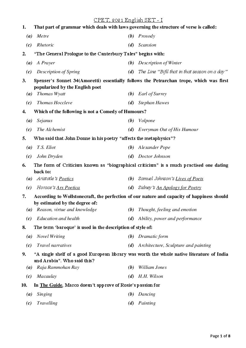 Odisha CPET 2021 Question Paper English - Page 1