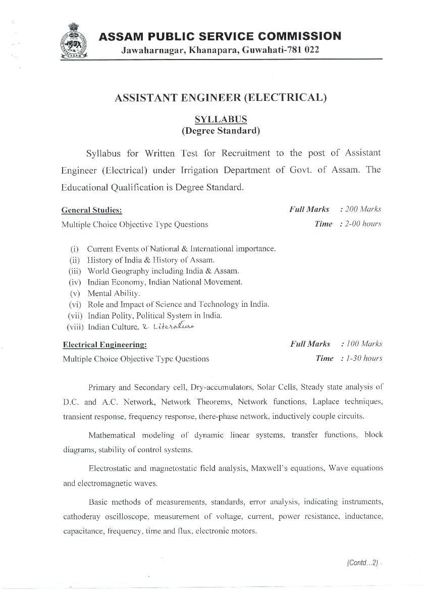 APSC Assistant Engineer Electrical Irrigation Direct Recruitment Syllabus - Page 1