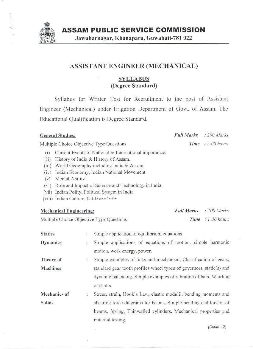 APSC Assistant Engineering Mechanical Irrigation Direct Recruitment Syllabus - Page 1
