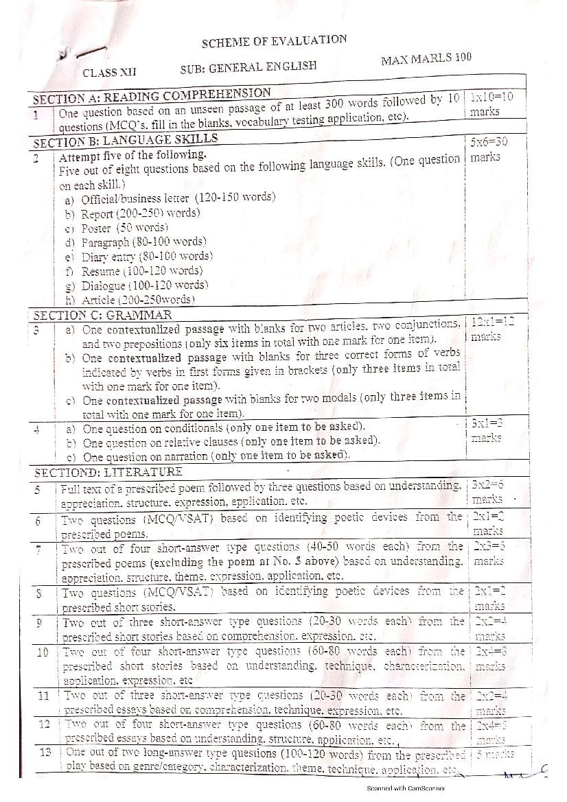 JKBOSE Class 12 Model Question Paper for English General - Page 1