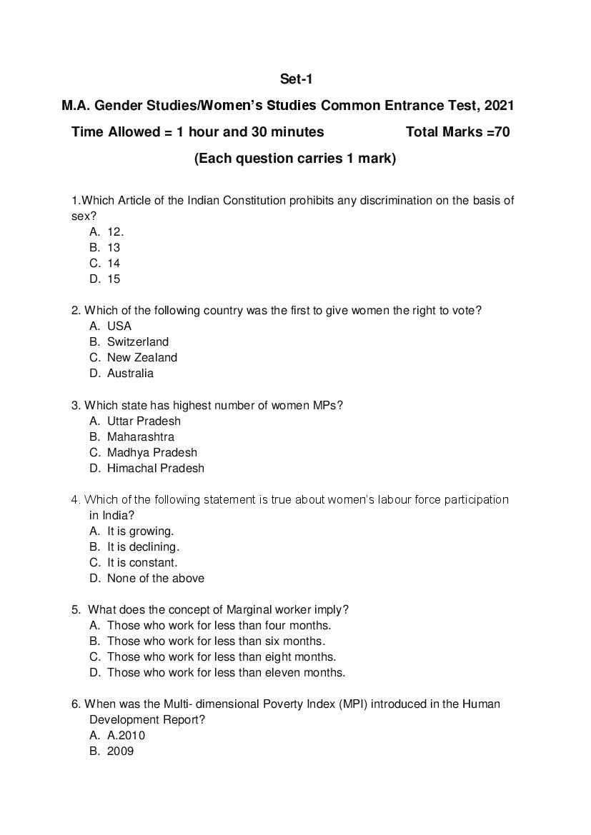 Odisha CPET 2021 Question Paper Gender Studies Women Studies - Page 1