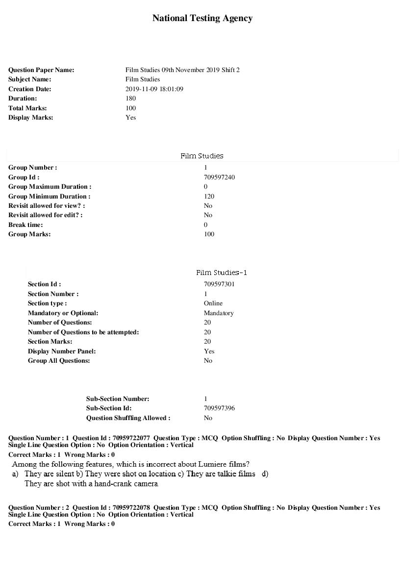 SWAYAM 2019 Question Paper Film Studies - Page 1
