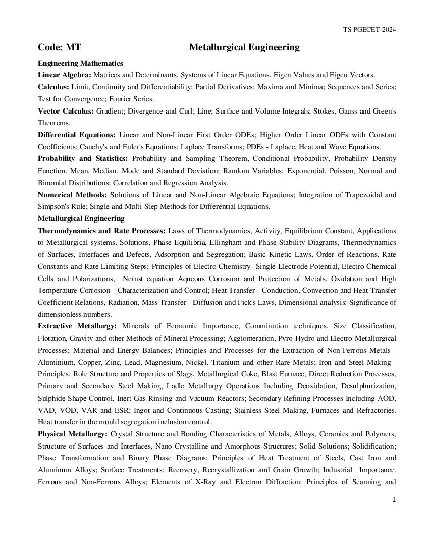 TS PGECET 2024 Syllabus Metallurgical Engineering - Page 1