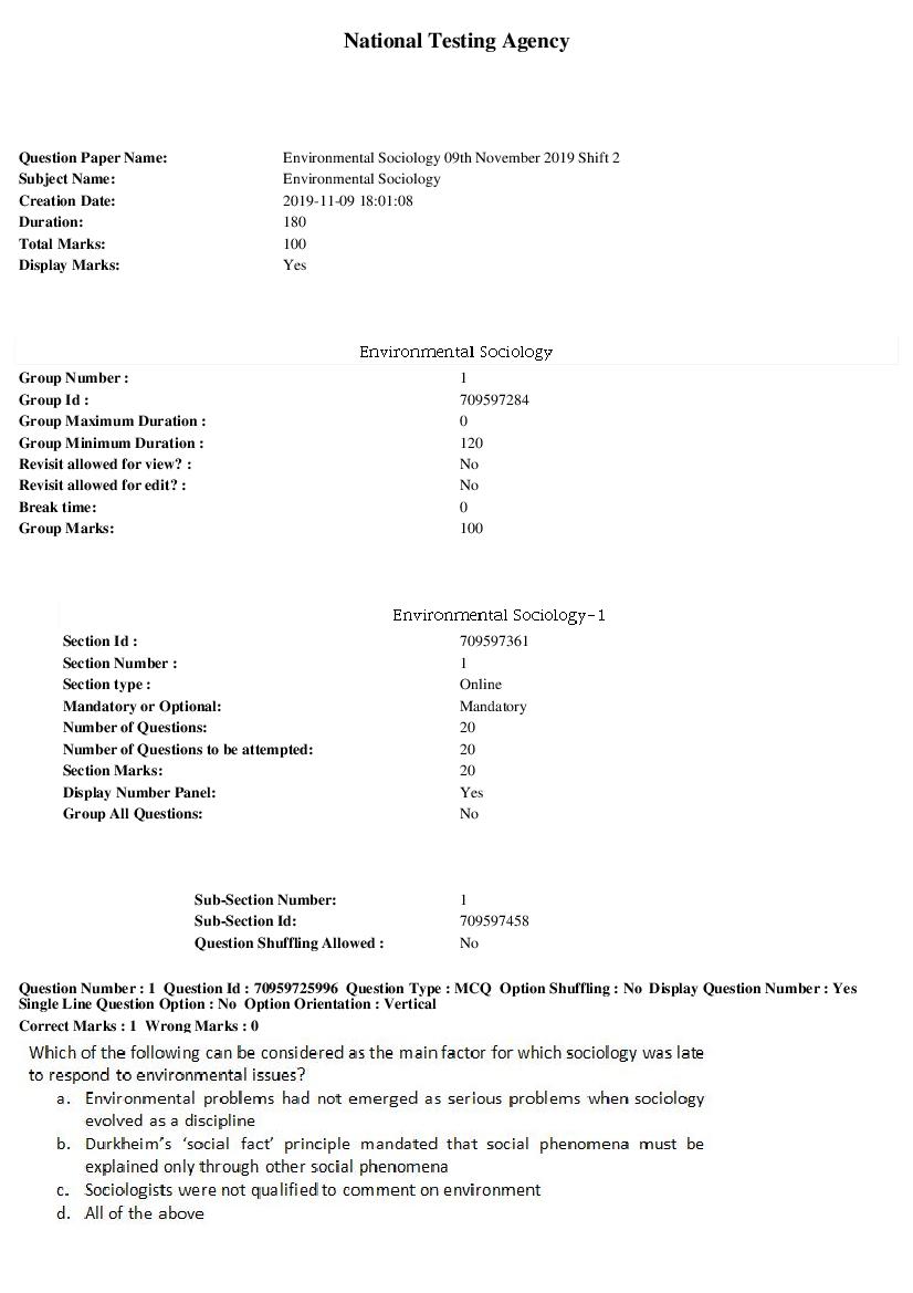 SWAYAM 2019 Question Paper Environmental Sociology - Page 1 of 8