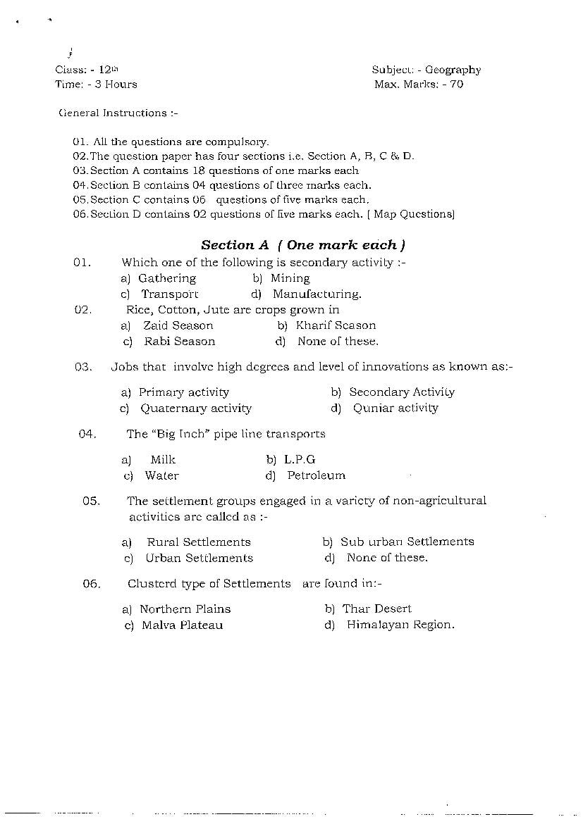 JKBOSE Class 12 Model Question Paper 2021 for Geography - Page 1