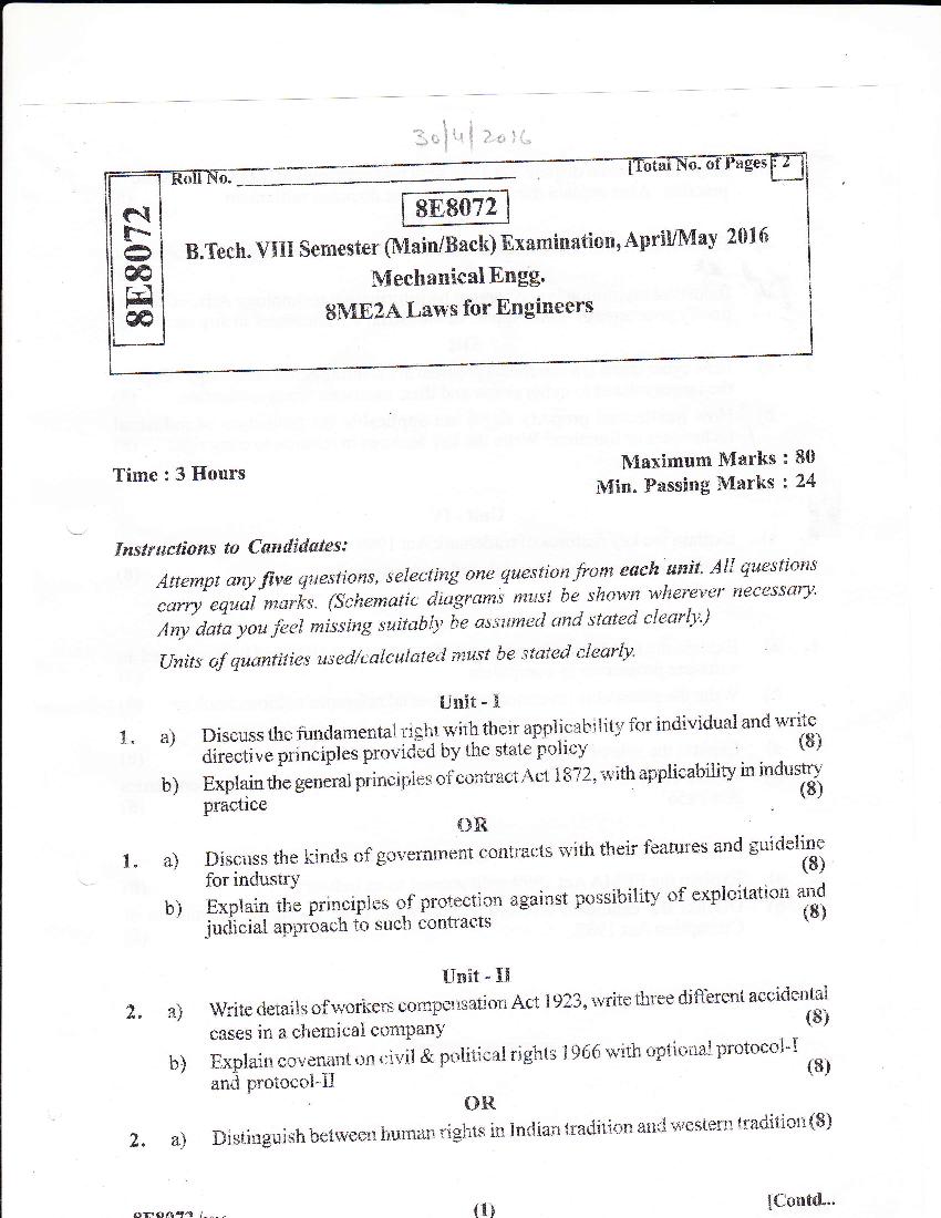 RTU 2016 Question Paper Semester VIII Mechanical Engineering Laws for Engineers - Page 1