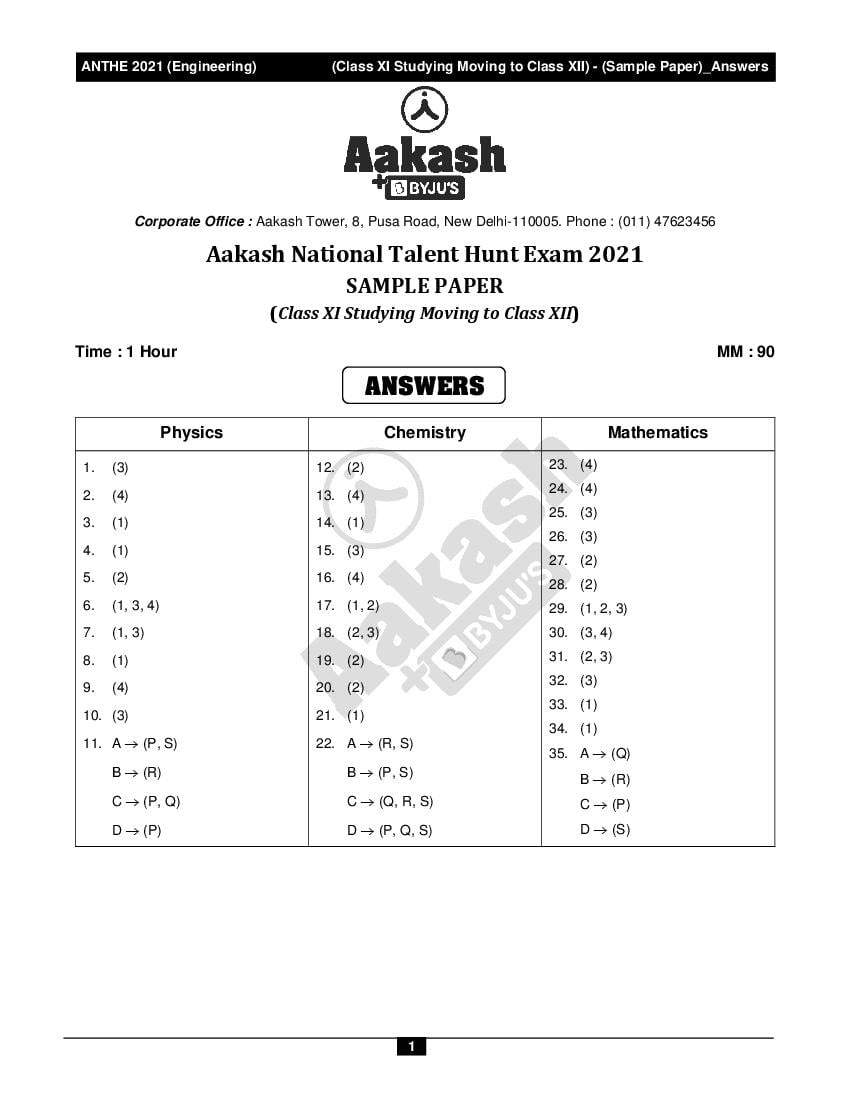 ANTHE 2021 Class 11th Sample Answer Key for Engineering - Page 1