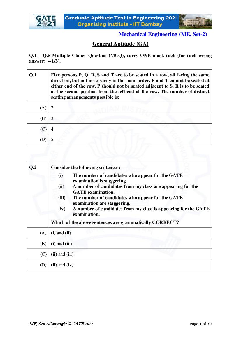GATE 2021 Question Paper ME Mechanical Engineering 2 - Page 1