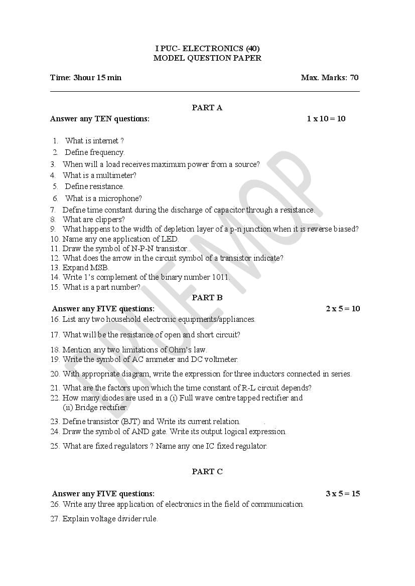 Karnataka 1st PUC Model Question Paper 2022 for Electronics - Page 1