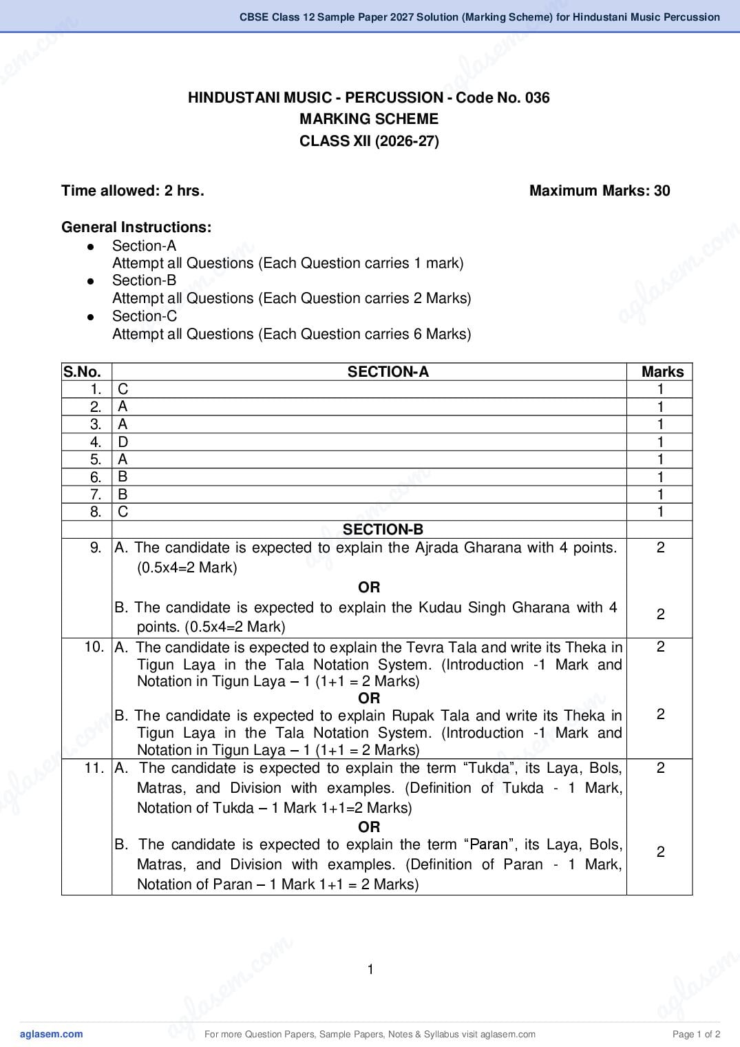CBSE Class 12 Sample Paper 2027 Solution (Marking Scheme) for Hindustani Music Percussion - Page 1 of 2