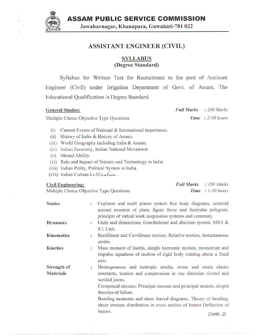 APSC Assistant Engineering Civil Irrigation Direct Recruitment Syllabus - Page 1