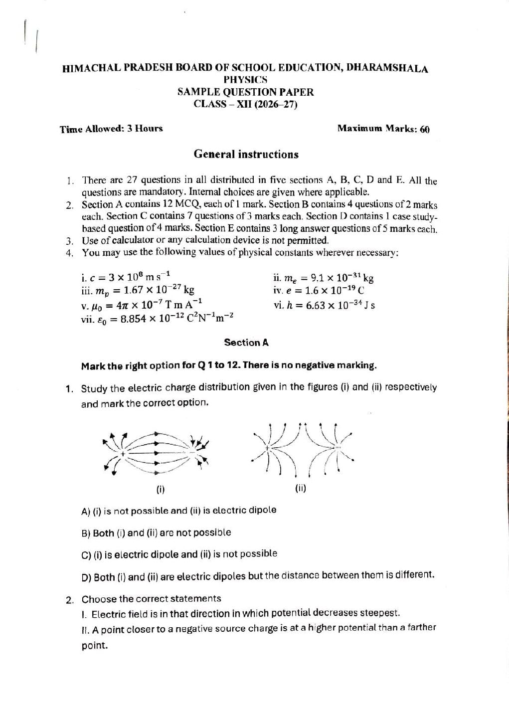 HP Board 12th Class Model Question Paper 2027 Physics - Page 1 of 13