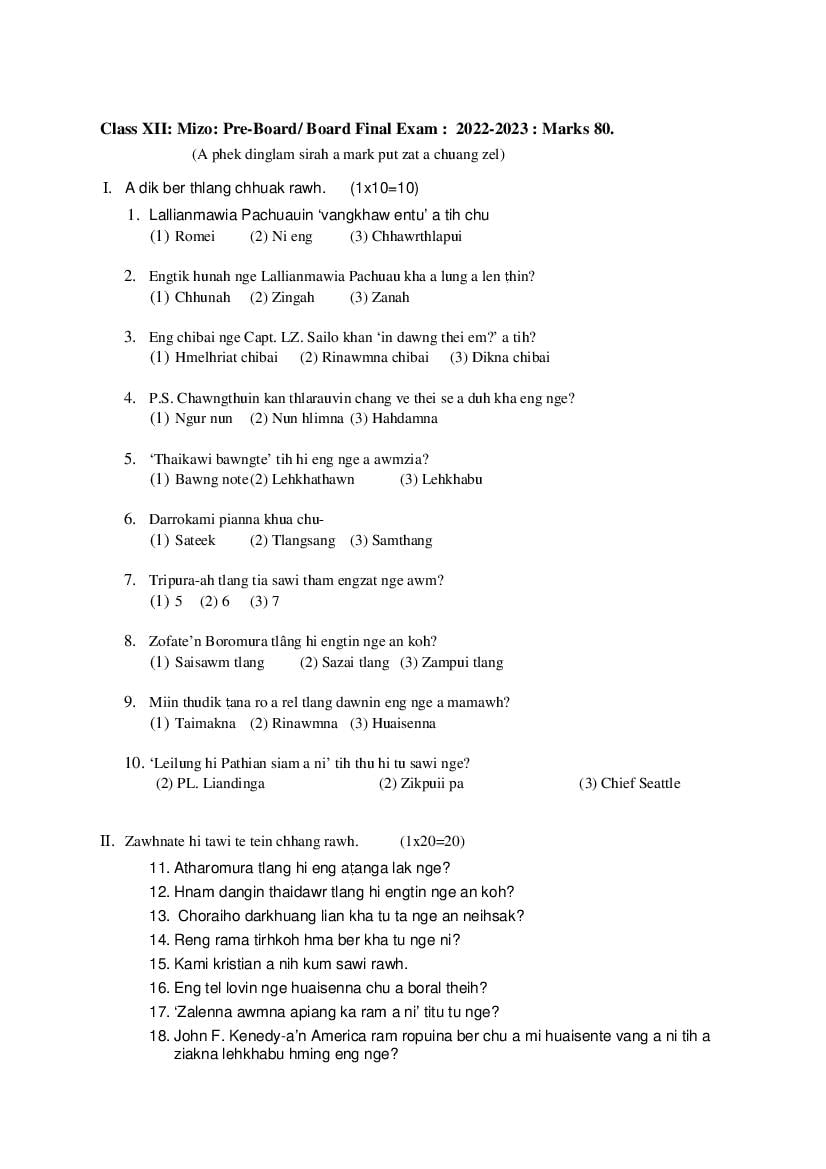TBSE Class 12 Sample Paper 2023 Mizo - Page 1
