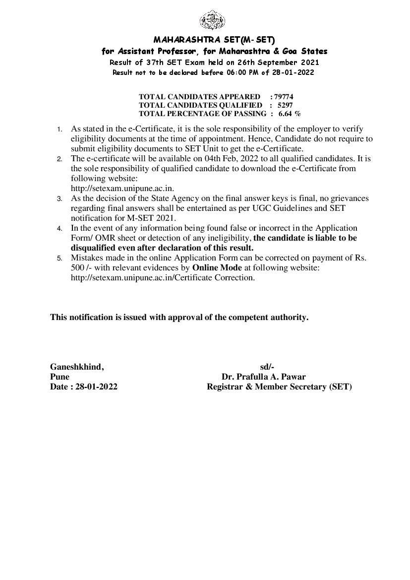 MH SET 2021 Result - Notification - Page 1