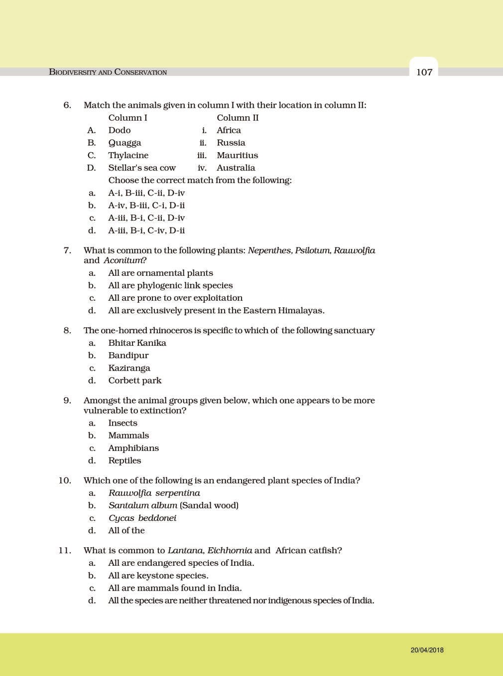 NCERT Exemplar Class 12 Biology Chapter 15 Biodiversity and Conservation