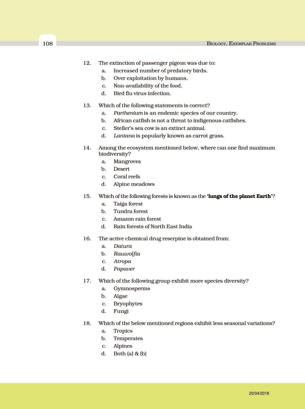 NCERT Exemplar Class 12 Biology Chapter 15 Biodiversity and Conservation