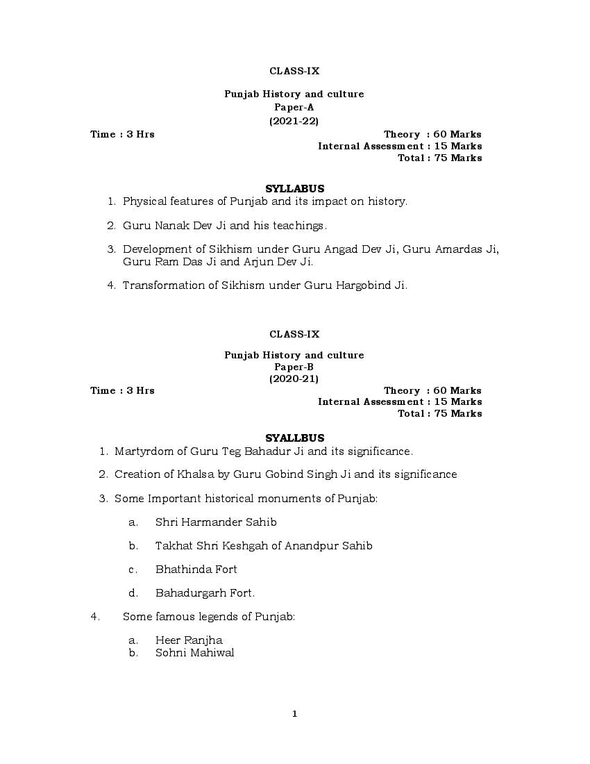PSEB 9th Class Syllabus 2023 Punjab History and Culture - Page 1