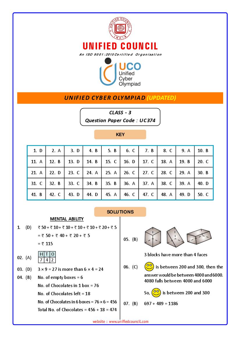 UCO 2021 Class 3 Revised Answer Key Paper Code-UC374 - Page 1