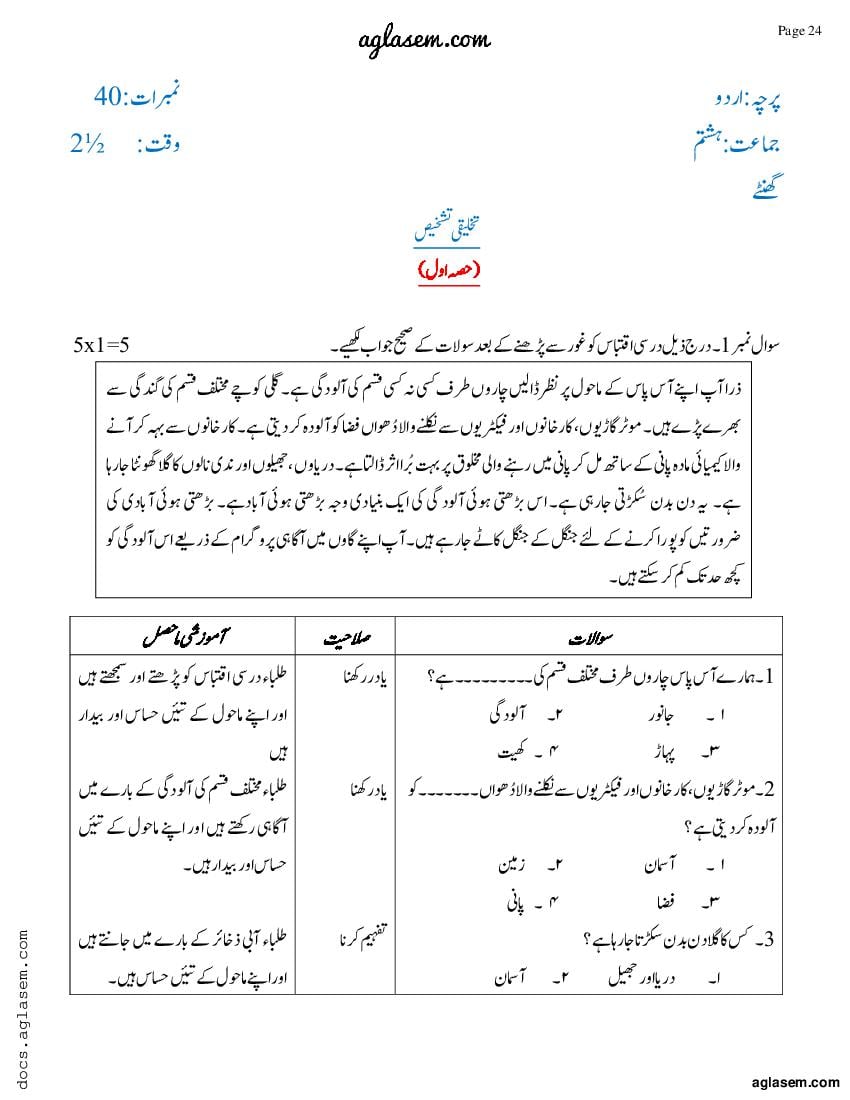 JKBOSE 8th Class Model Paper 2023 Urdu - Page 1