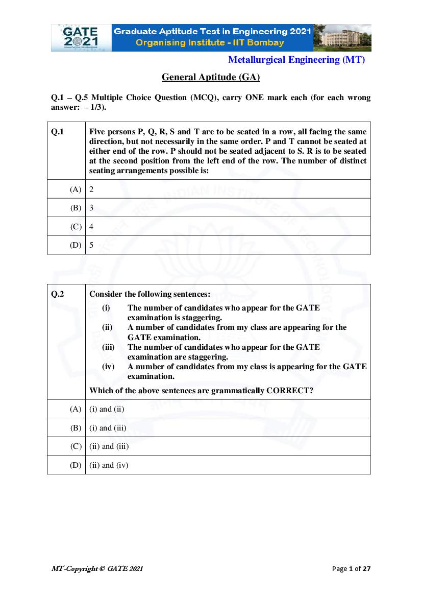 GATE 2021 Question Paper MT Metallurgical Engineering - Page 1