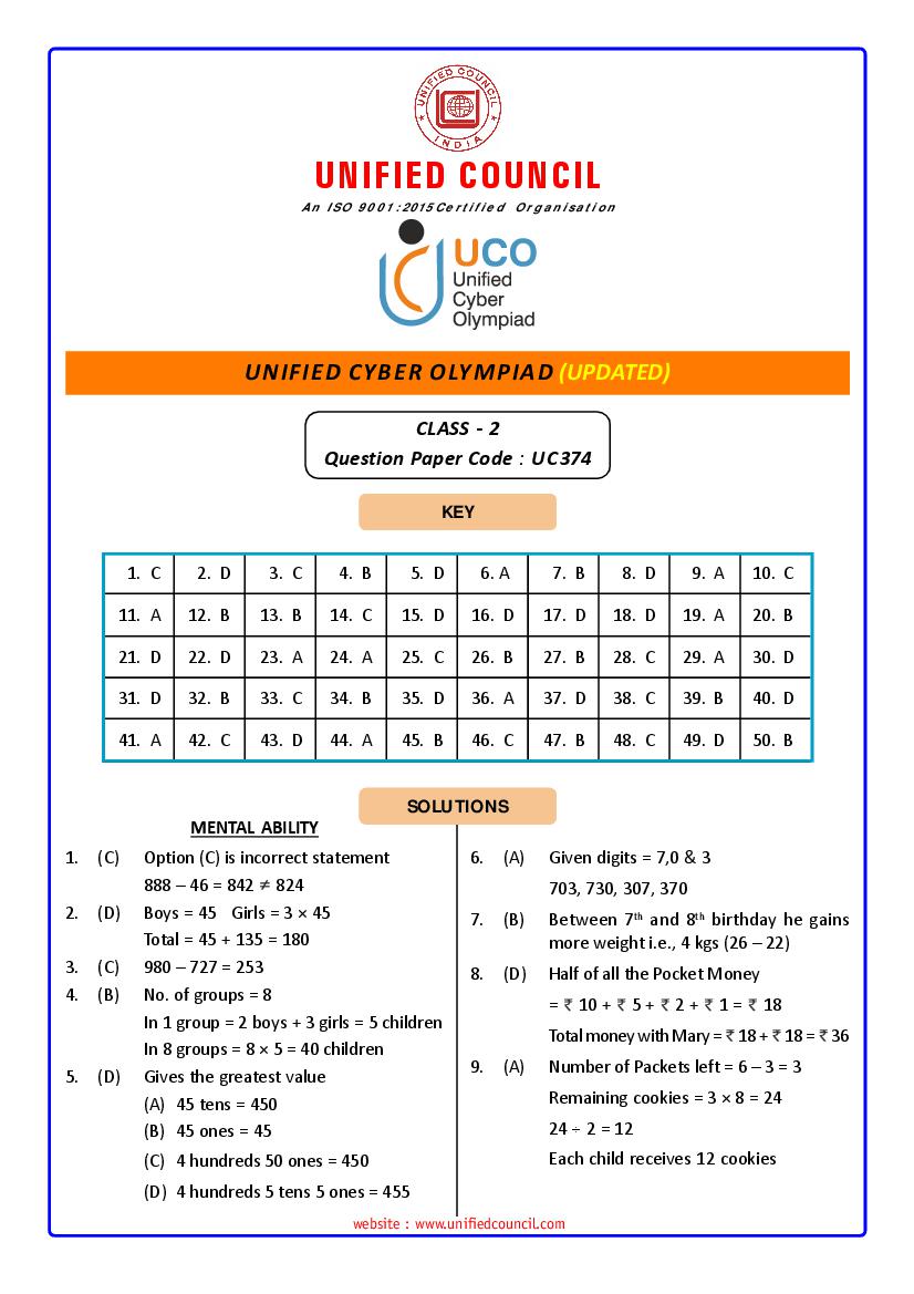 UCO 2021 Class 2 Revised Answer Key Paper Code-UC374 - Page 1